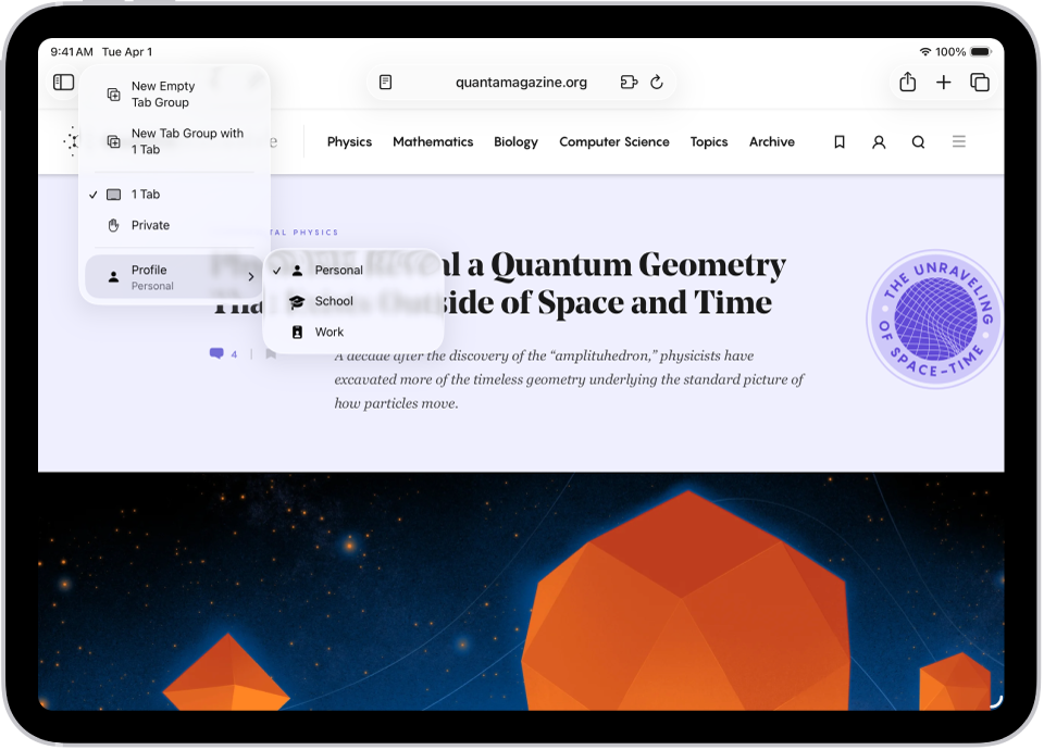 V aplikaciji Safari je odprt meni Skupina zavihkov. Na dnu menija je izbran Profil, meni pa prikazuje možnosti Zasebno, Šola in Služba.