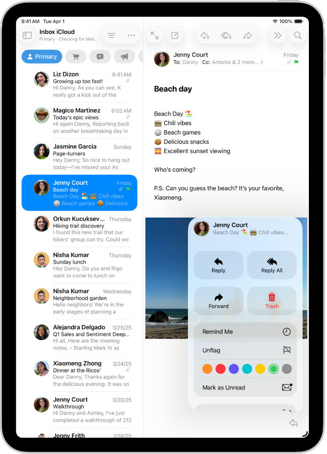 Odprta e-pošta. Meni z možnostmi za dodajanje ali odstranjevanje oznake je prikazan na desni.