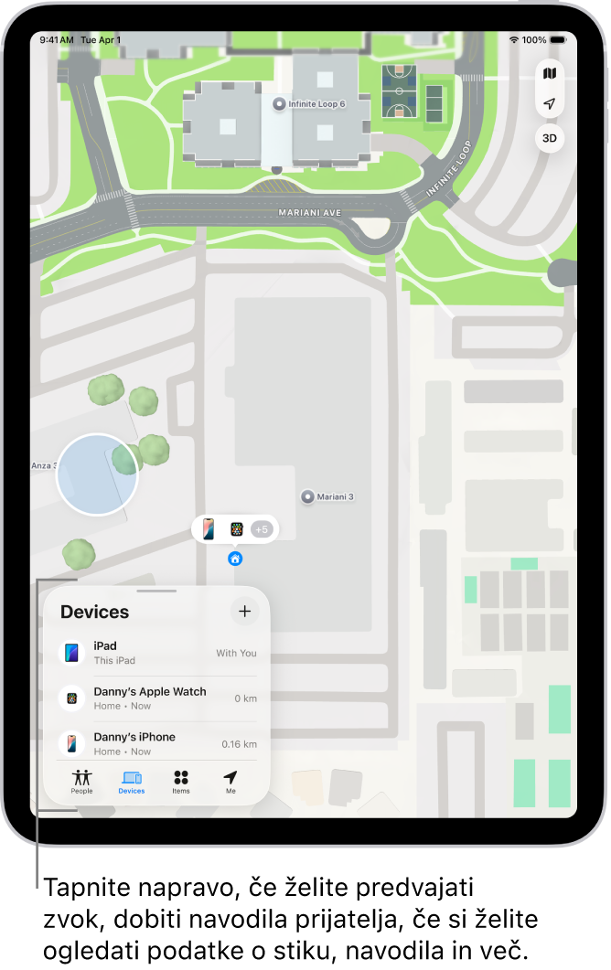 Zaslon Najdi, ki prikazuje več naprav, ki delijo svojo lokacijo.