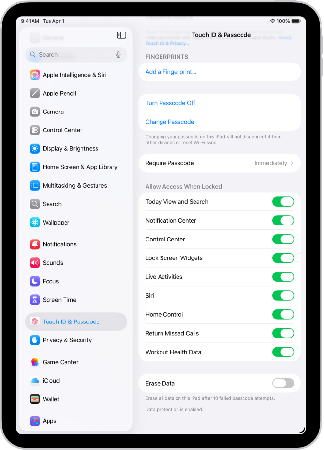 Dotaknite se nastavitev Face ID in koda za dostop z možnostmi za omogočanje dostopa do določenih funkcij, ko je iPad zaklenjen.