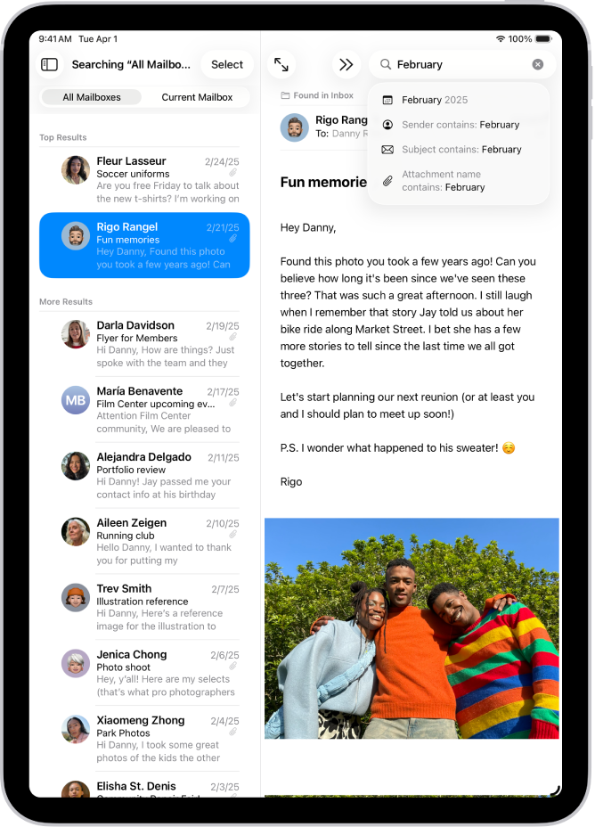 V aplikaciji Pošta je odprto sporočilo, iskalni izrazi pa vneseni zgoraj desno.
