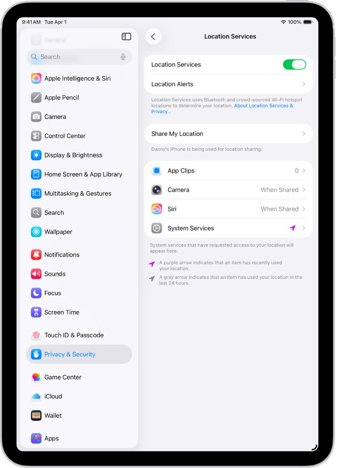 Zaslon Lokacijske storitve z nastavitvami deljenja lokacije vašega iPada z aplikacijami.