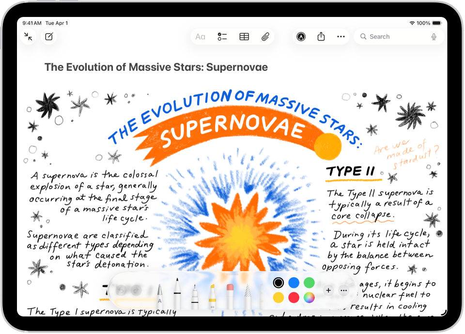 En anteckning som visar en teckning och märkningsverktyg längst ned på skärmen.