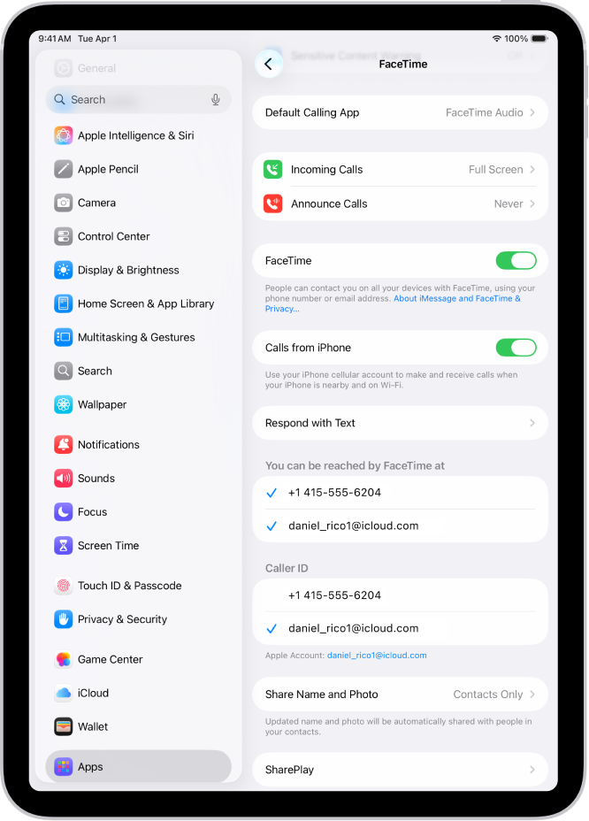 FaceTime-inställningsskärmen visar alternativet Förvald app för samtal, reglaget för att slå på eller stänga av FaceTime och det Apple-konto som används för FaceTime.