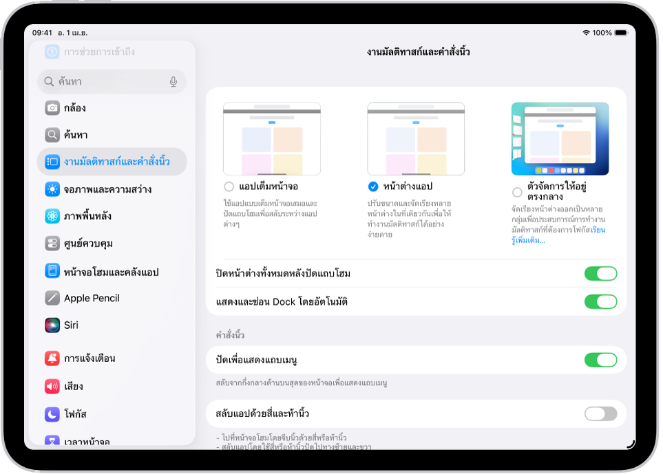 หน้าต่าง iPad ที่แสดงการตั้งค่างานมัลติทาสก์และคำสั่งนิ้ว