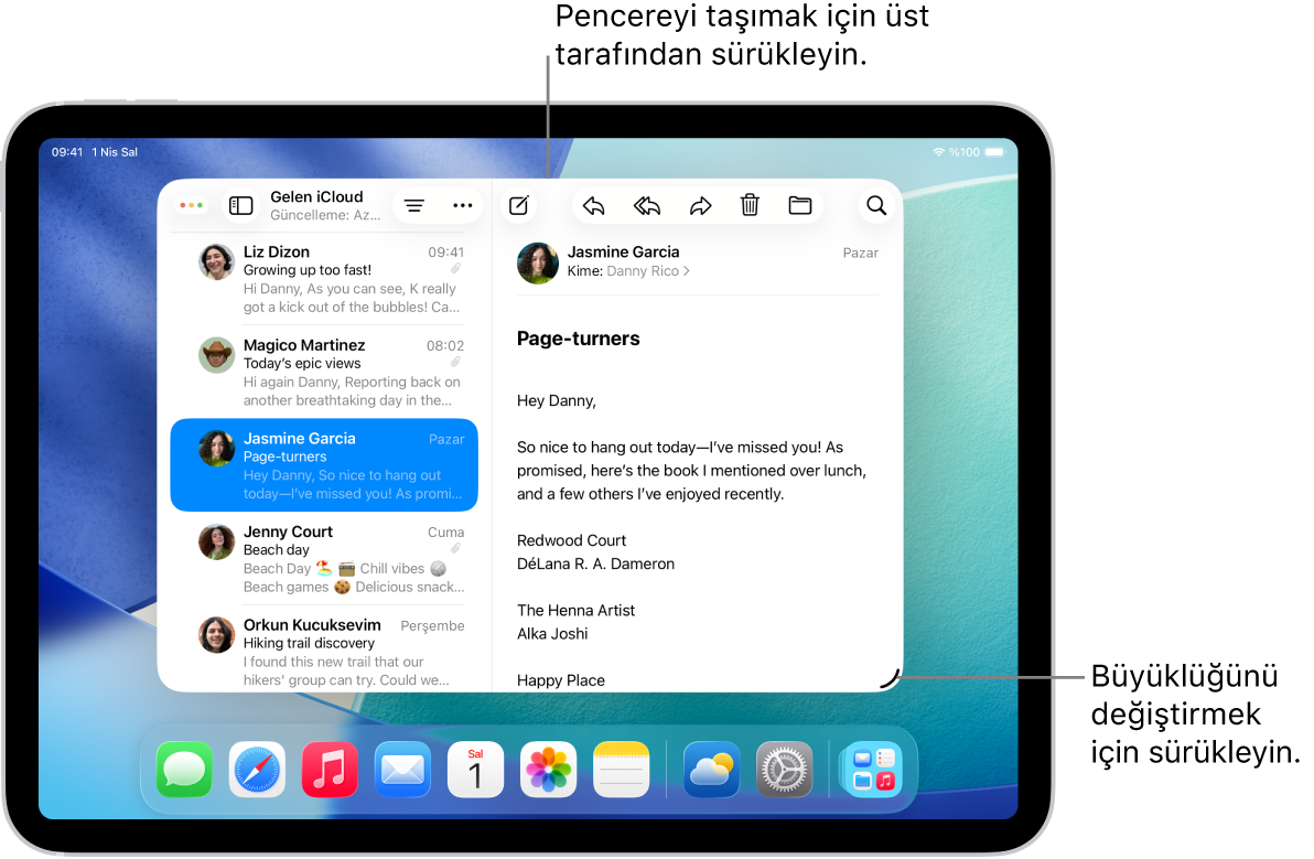 Sağ alt köşede yeniden boyutlandırma tutamağı ve sol üst köşede pencere denetimleri ile birlikte iPad’de açık bir pencere.