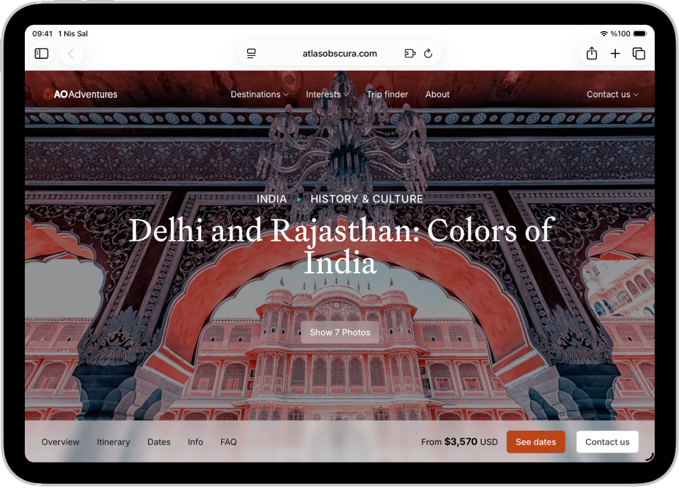 Açık bir web sayfası. En üstte, soldan sağa doğru Kenar Çubuğu düğmesi, Önceki düğmesi, arama alanı, Paylaş düğmesi, Yeni Sekme düğmesi ve Sekmelere Genel Bakış düğmesi var.