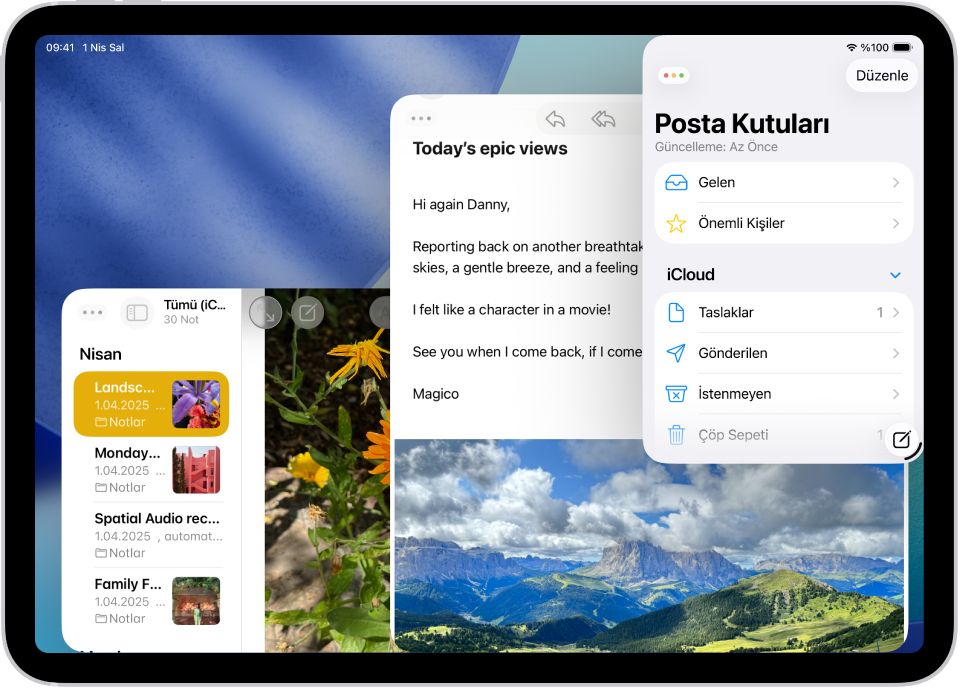 İki Mail penceresinde ve bir Notlar penceresinde süren çalışmayı gösteren iPad ekranı.