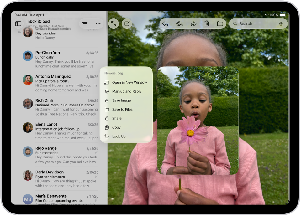 Вибрано вкладення е‑листа зі списком можливих дій.