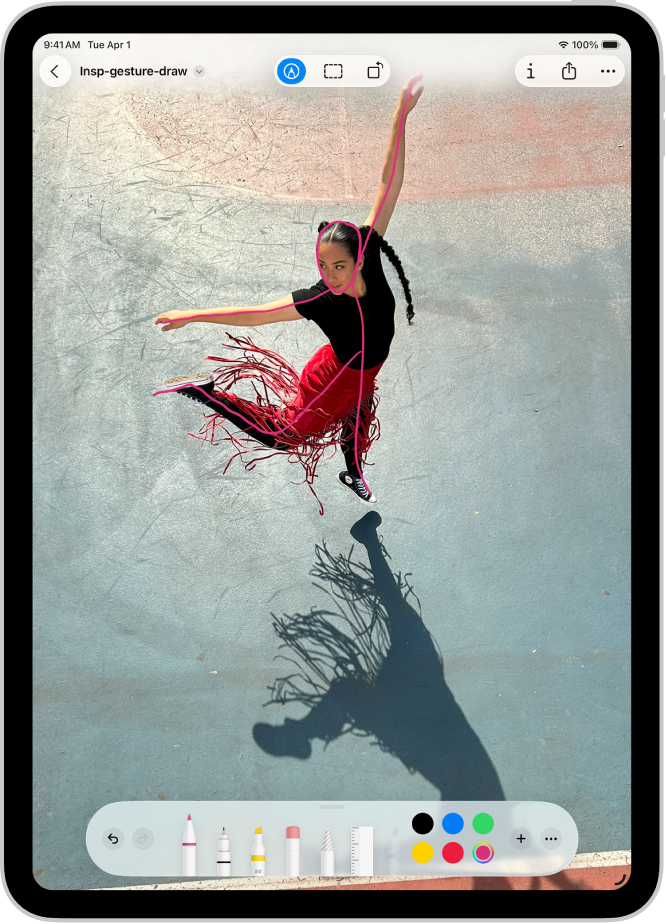 Нотатку відкрито в програмі «Нотатки», а внизу екрана відображається панель інструментів розмітки. Зліва направо розташовані інструменти розмітки: Ручка, Монолінія, Маркер, Гумка, Ласо, Лінійка, Олівець, а за ними — кнопки кольорів, «Додати» та «Ще».