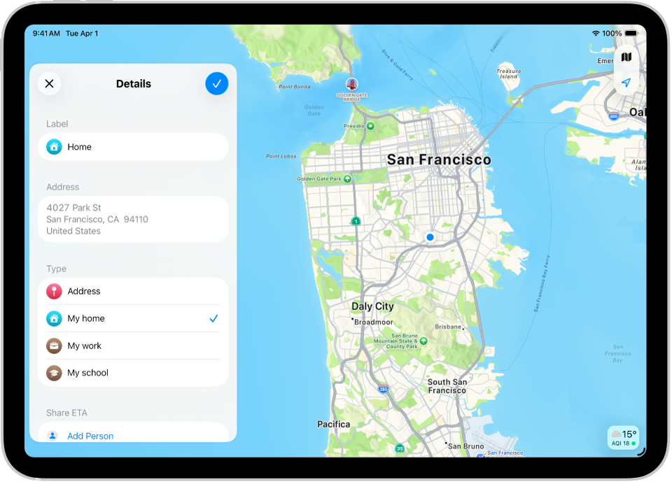 نقشہ ایپ جس میں پتہ کو گھر، دفتر یا اسکول کے طور پر سیٹ کرنے کے اختیارات کے ساتھ تفصیلات کی اسکرین دی گئی ہیں۔