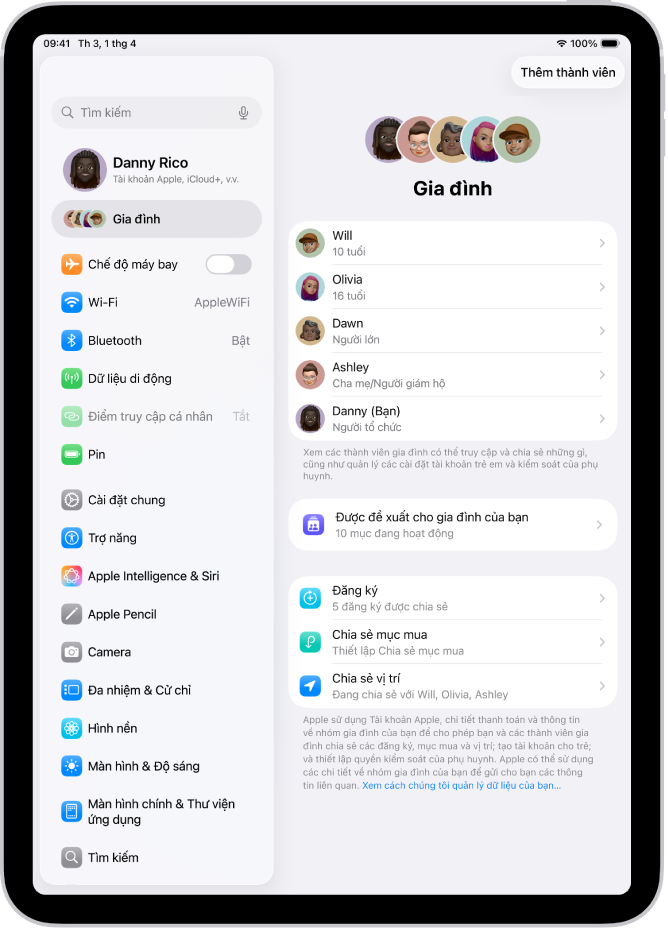 Màn hình Gia đình trong Cài đặt. Tối đa năm thành viên gia đình được liệt kê phía trên các tính năng được chia sẻ.