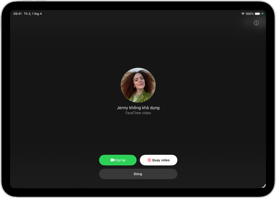 Màn hình Quay video, đang cho thấy rằng người mà bạn đang gọi không thể liên lạc được. Màn hình bao gồm một nút Gọi lại và một nút Quay video mà bạn có thể chạm vào để quay tin nhắn video.