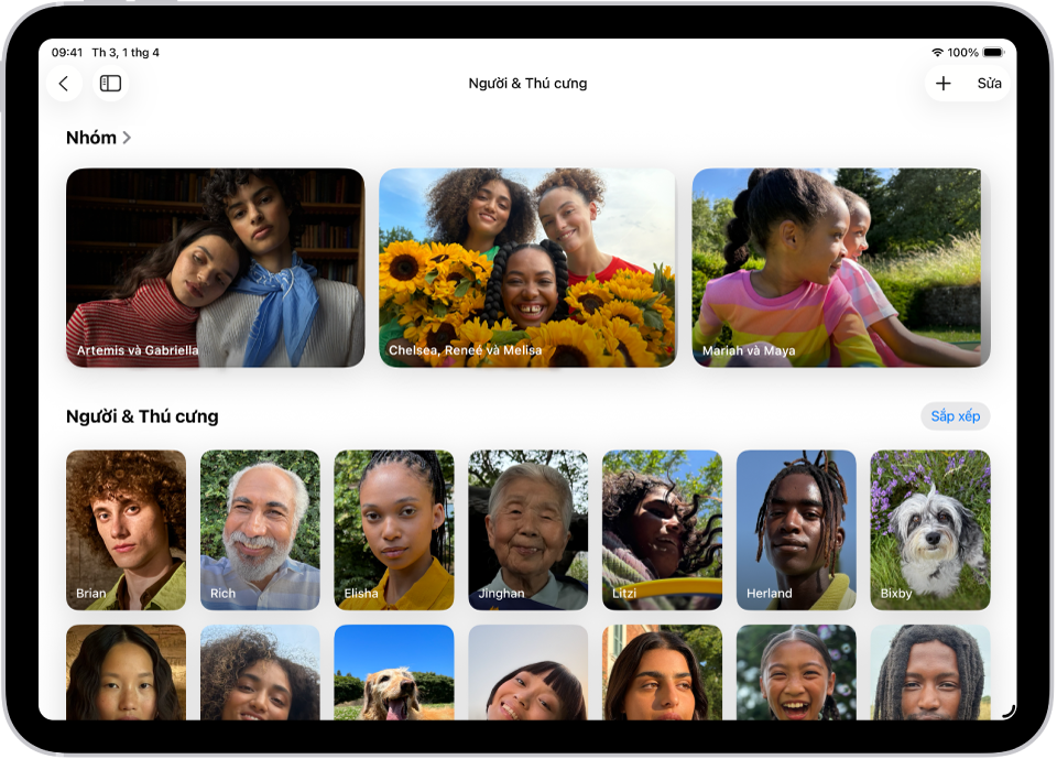 Bộ sưu tập Người & Thú cưng đang mở trong ứng dụng Ảnh. Ở đầu màn hình là các nhóm, sau đó là từng người và thú cưng.