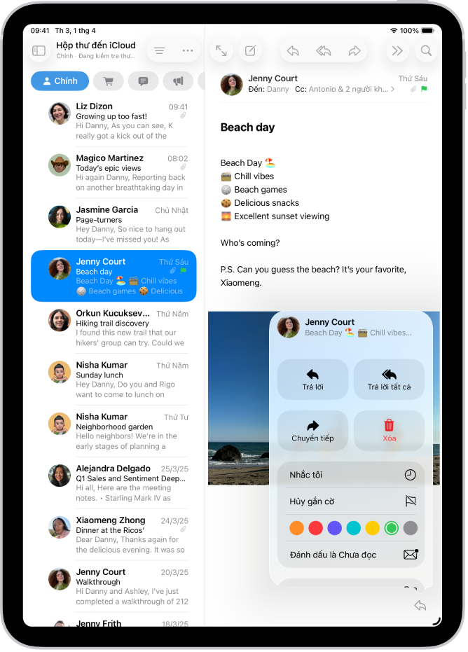 Một email được mở. Menu với các tùy chọn để thêm hoặc xóa cờ được hiển thị ở bên phải.