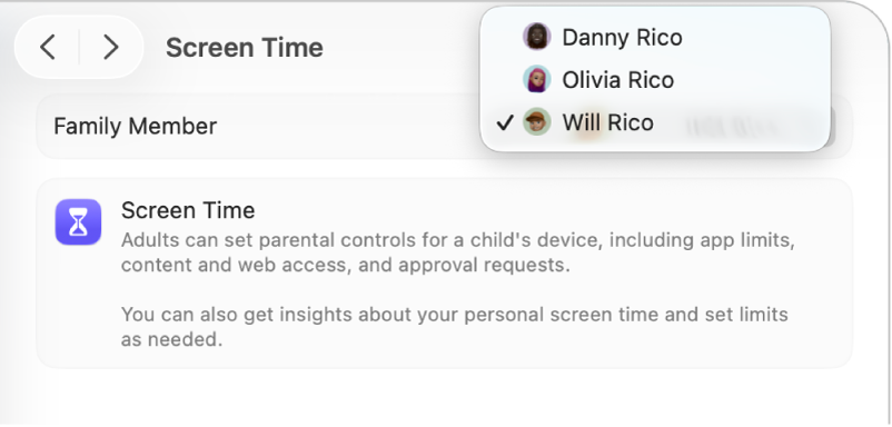 Réglages « Temps d’écran » avec un enfant sélectionné dans le menu local « Membre de la famille ».
