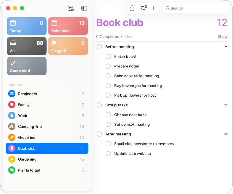 Una ventana de Recordatorios, mostrando una lista con subtareas.
