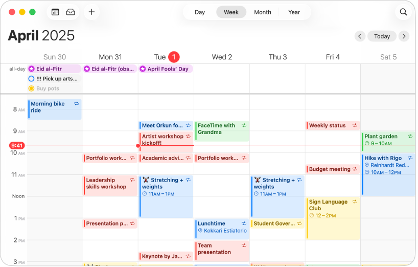 Una ventana de la app Calendario mostrando los eventos y recordatorios programados de la semana.