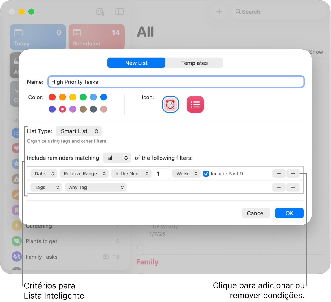 O diálogo Nova Lista Inteligente mostrando os campos usados para especificar os critérios.