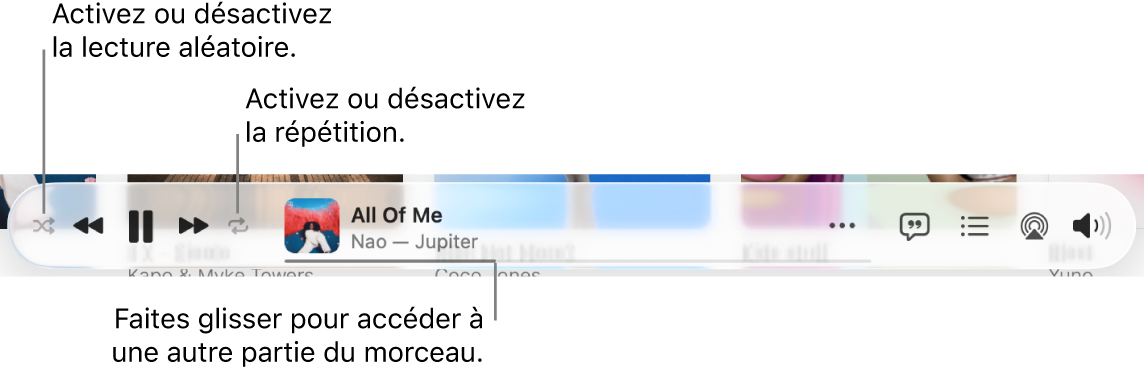La partie inférieure d’Apple Music avec un morceau en cours de lecture. Les commandes de lecture se trouvent tout à gauche. Le bouton « Ordre aléatoire » se trouve à gauche des commandes de lecture et le bouton Répéter à droite des commandes. Faites glisser la tête de lecture dans la barre de progression pour accéder à une autre partie du morceau.