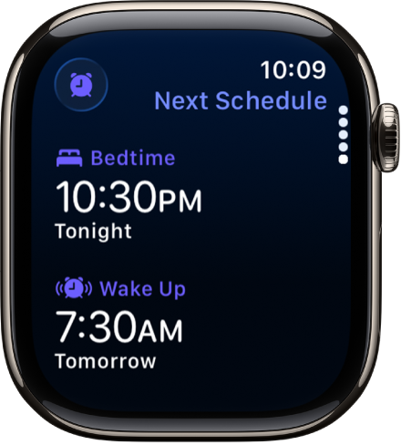 App Tidur pada Apple Watch menunjukkan jadual tidur untuk waktu malam. Waktu Tidur kelihatan di bahagian atas dan Waktu Bangun di bawahnya.