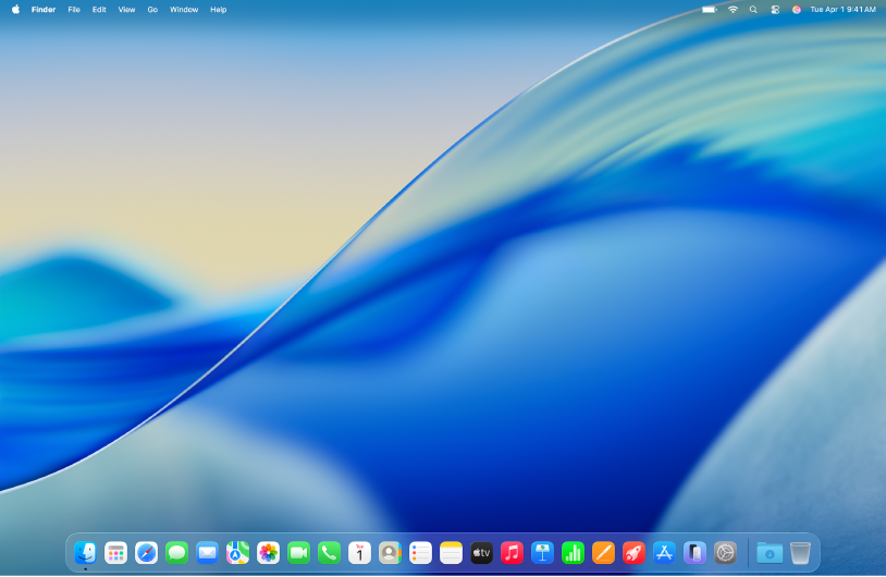 The Mac screen showing the menu bar at the top, the desktop in the middle and the Dock along the bottom.