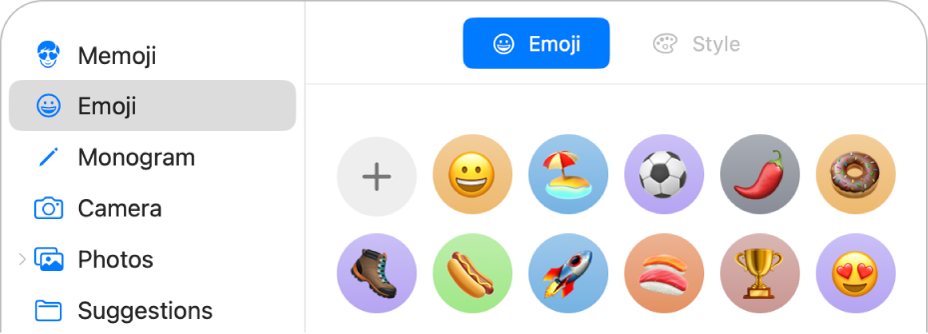ตัวเลือกรูปภาพบัญชี Apple ที่มีอิโมจิถูกเลือกอยู่ในแถบด้านข้างและอิโมจิต่างๆ ที่แสดงขึ้นมา