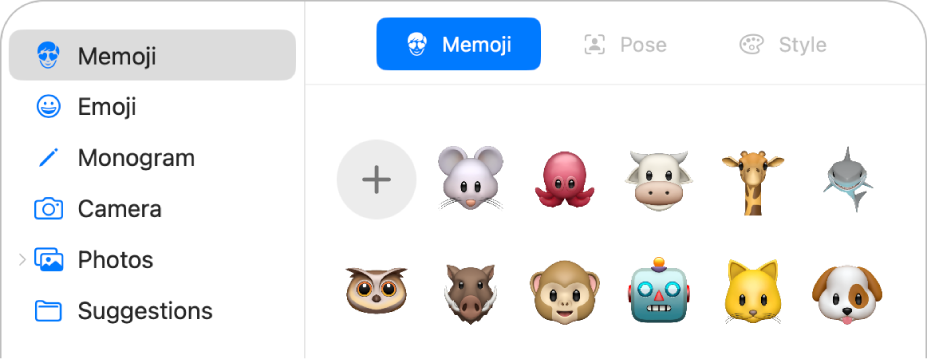 ตัวเลือกรูปภาพบัญชี Apple ที่มี Memoji ถูกเลือกอยู่ในแถบด้านข้างและ Memoji ต่างๆ ที่แสดงขึ้นมา