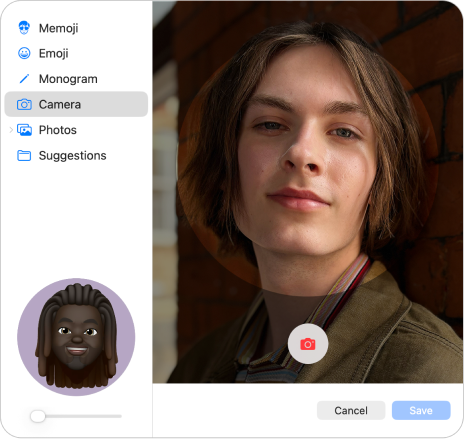ตัวเลือกรูปภาพบัญชี Apple ที่มีแอปกล้องถูกเลือกอยู่ในแถบด้านข้างและคนที่โพสต์ท่าทางในช่องมองภาพ