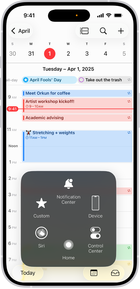 An iPhone with the AssistiveTouch menu visible, showing controls for Notification Center, Device, Control Center, Home, Gestures, and Custom.
