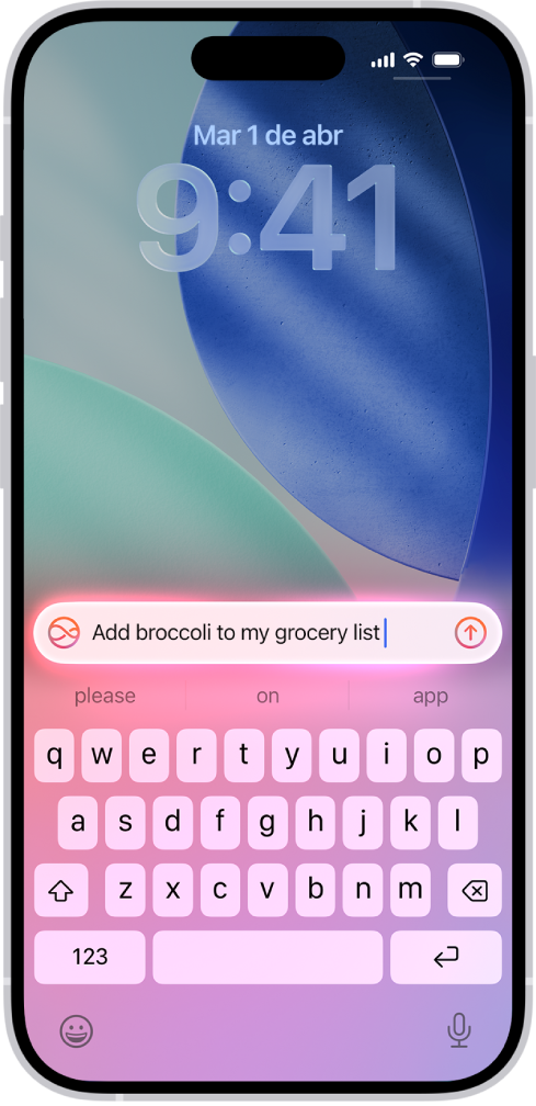 Un iPhone mostrando el teclado en la pantalla bloqueada. Una petición de Siri aparece en la parte superior del teclado.