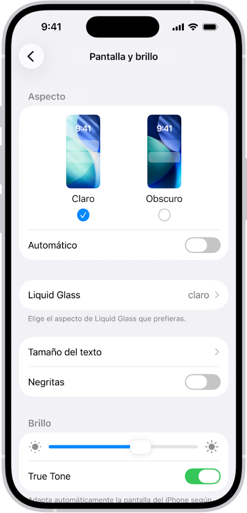La configuración de Pantalla y brillo en Configuración.