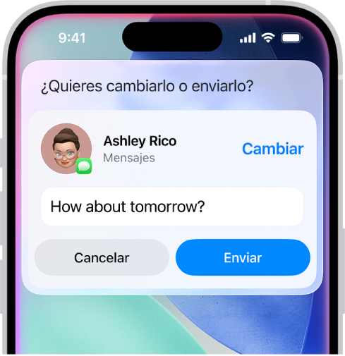 La pantalla de un iPhone mostrando una respuesta de Siri en la parte superior en forma de un mensaje de texto listo para enviarse.