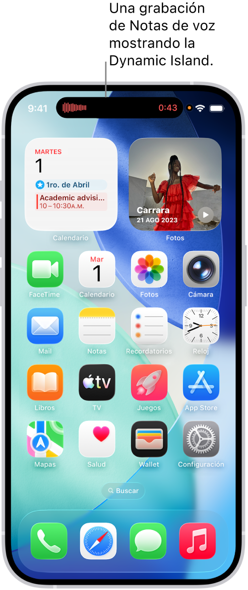 La pantalla de inicio del iPhone mostrando una grabación de Notas de Voz en la Dynamic Island.