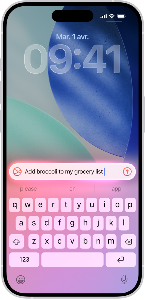 Un iPhone affichant le clavier sur l’écran verrouillé. Un requête Siri apparaît en haut du clavier.
