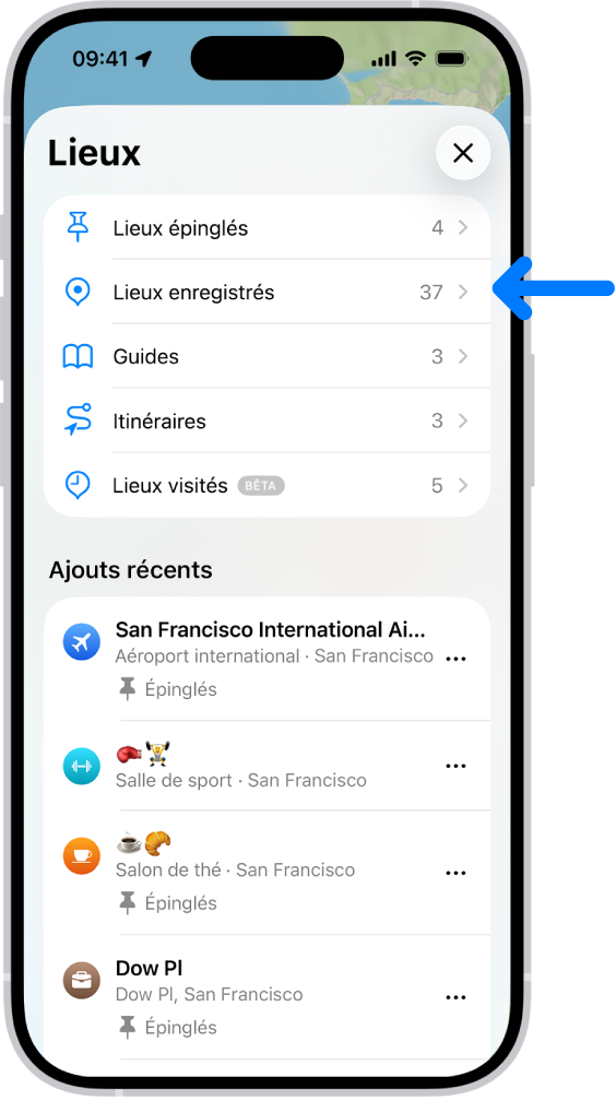 L’écran Lieux de Plans, montrant la liste des catégories de lieux, comme Épinglés, Lieux enregistrés et Guides. En dessous, la section « Ajouts récents » indique les lieux consultés.