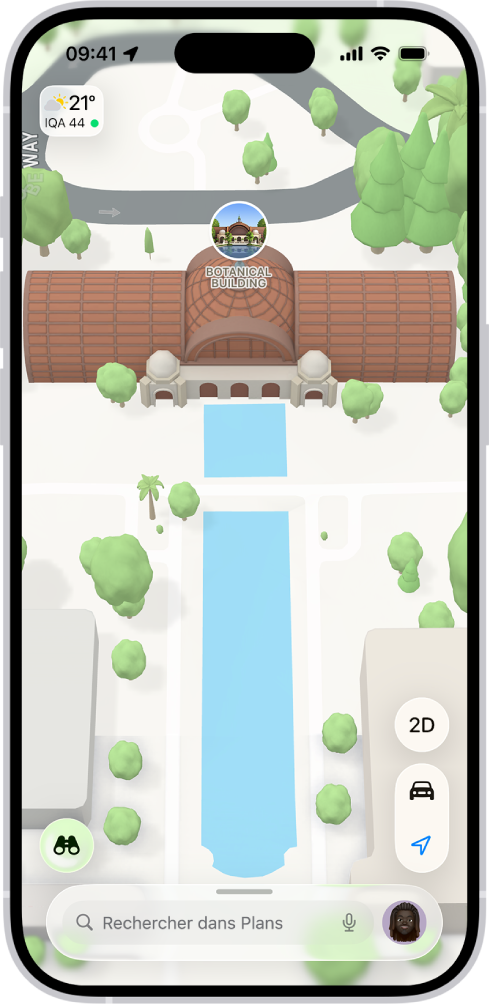 Plan en 3D dans l’app Plans, affichant un pont et un parc.