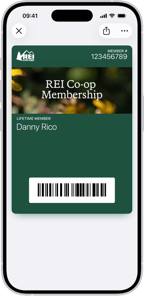 Une carte de membre dans l’app Cartes, avec un code-barres.