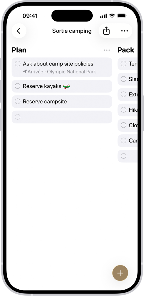 L’app Rappels affichant une liste de campings avec des catégories organisées en colonnes.