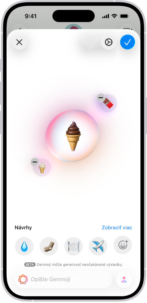 Okno Genmoji s vytvoreným Genmoji zmrzlinového kornútka.