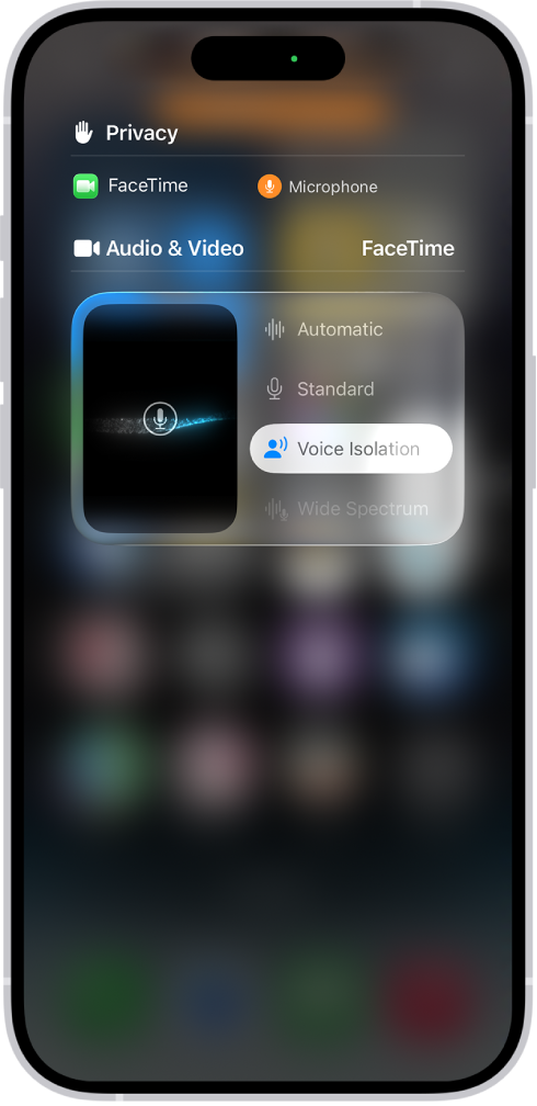 Подешавања за Control Center за FaceTime позиве, у којима су приказана подешавања звука Automatic, Standard, Voice Isolation и Wide Spectrum.