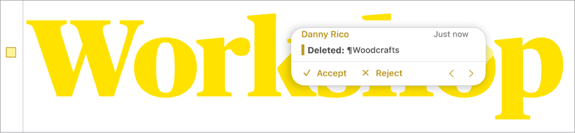 Deleted text with an open comment and Accept, Reject and navigation arrows. The tracked change shows author name and date.
