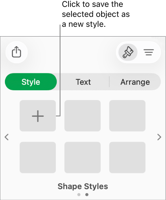 The Style tab of the Format sidebar with four image styles, a Create Style button, and an empty style placeholder.