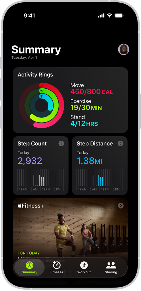 The Summary screen in Fitness, showing the Activity Rings, Step Count, Step Distance, and Trends areas.