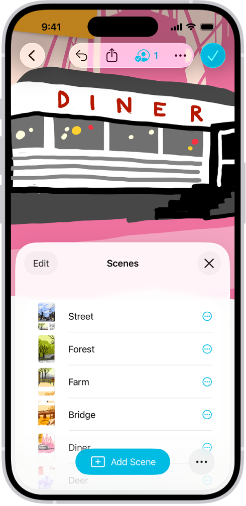 A Freeform board with the Scene Navigator open and several saved scenes.