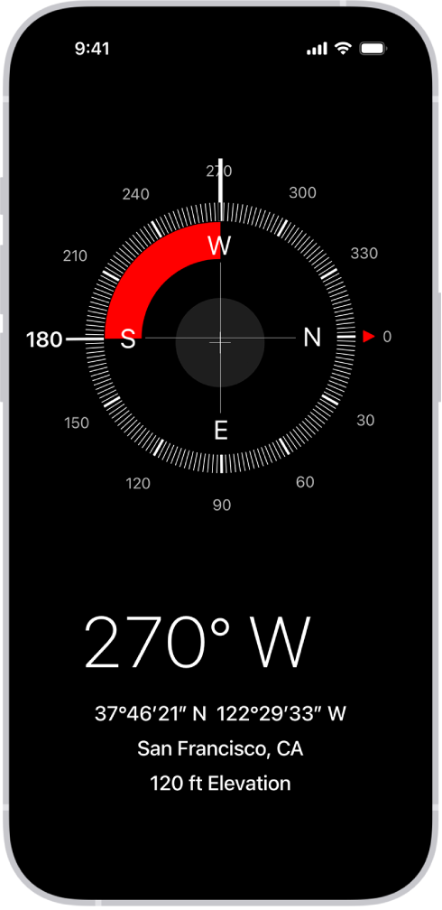 The Compass screen showing the direction iPhone is pointing in, the current location, and the elevation.