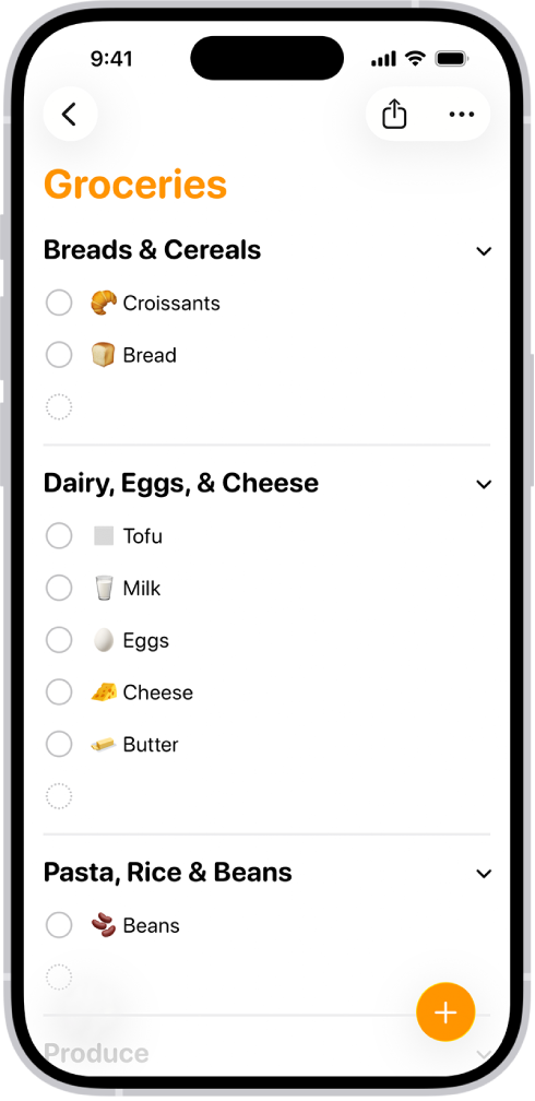 The Reminders app, showing a grocery list with items in categories such as Produce and Seafood.