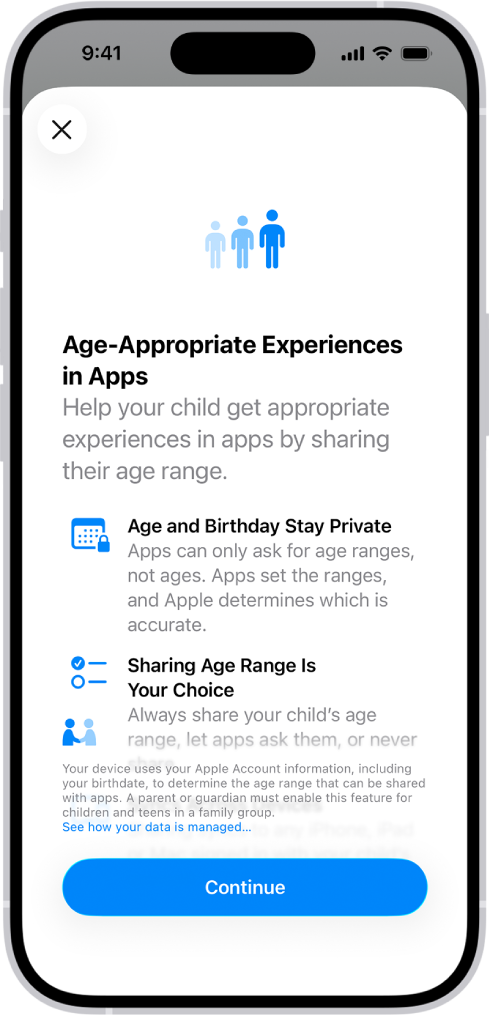 The Age-Appropriate Experiences in Apps screen in Settings, which explains how to help children get appropriate app experiences by sharing their age range.