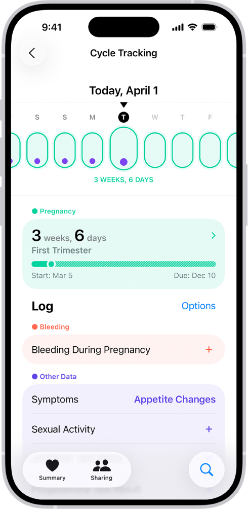 The Cycle Tracking screen with a pregnancy timeline for a week at the top of the screen. Light green ovals and purple dots mark the first 5 days on the timeline. Dashed light green ovals mark the other days on the timeline. Below the timeline is the pregnancy summary showing the gestational age, start date, and estimated due date. Below the pregnancy summary are options to add information about bleeding during pregnancy, symptoms, and more.