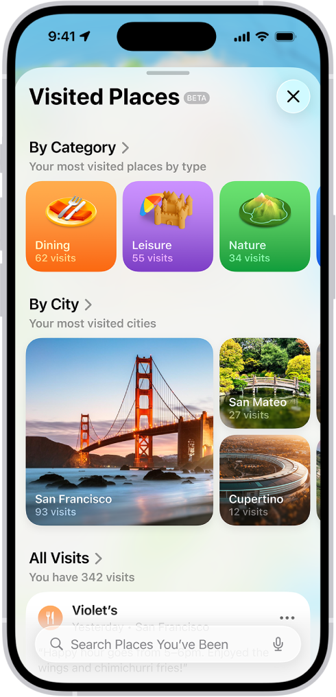 The Visited Places screen in the Maps app. A card on the screen lists categories of places you’ve visited—Transport, Shopping, and Industry—and shows the number of visits for each.